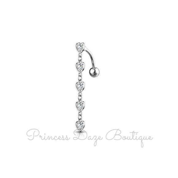 Silver Diamond Heart Dangle Belly Button Ring - Picture 3 of 3